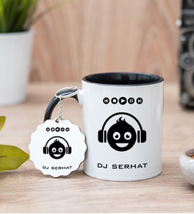 Emoji Tasarım Siyah Kupa Bardak Ve Anahtarlık Set