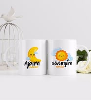 BK Gift Kişiye Özel Güneşim ve Ayım Tasarımlı İkili Beyaz Kupa Bardak-2