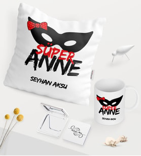 BK Gift Kişiye Özel Süper Anne Beyaz Kupa Ayna Yastık Seti - 1 (Model 1)