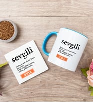 Sevgili Kelime Anlamı Mavi Kupa Bardak Ve Bardak Altlığı Seti