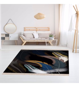 Kuş Tüyü Desenli Renk Geçişli Dijital Baskı Yıkanabilir Modern Salon Halı ve Yolluk (Siyah)