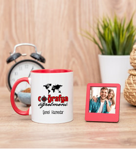Coğrafya Öğretmeni Kırmızı Kupa Bardak ve Kırmızı Mini Fotoğraf Çerçevesi