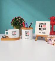Amca Tasarımlı Kişiye Özel Hediye Amca Ahşap Altlıklı Fincan Kalemlik ve Dekoratif Taş Baskı Hediye Seti