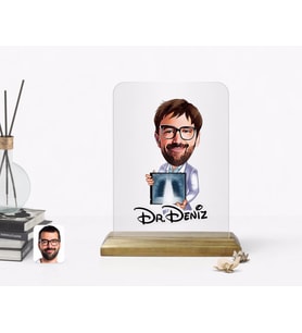 BK Gift Kişiye Özel Erkek Radyoloji Uzmanı Karikatürlü Ahşap Standlı Çerçeve (Beyaz)