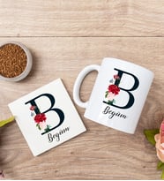 Baş Harfli Ve İsimli Beyaz Beyaz Kupa Bardak Ve Bardak Altlığı Seti