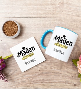 Maden Mühendisi Mavi Kupa Bardak Ve Bardak Altlığı Seti