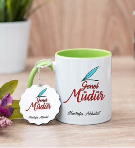 Genel Müdür Yeşil Kupa Bardak Ve Anahtarlık Set