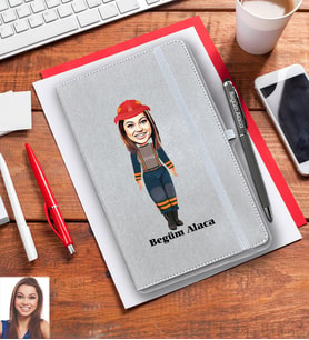 Kişiye Özel İtfaiyeci Karikatürlü Gri Defter Kalem Hediye Seti Bayan-1
