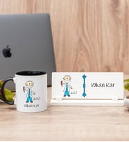 Erkek Diş Hekimi Karikatürü Siyah Kupa Bardak Ve Masa İsimliği Hediye Seti