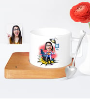 BK Gift Kişiye Özel Diş Hekimi Karikatür Ahşap Altlıklı Seramik Fincan  2