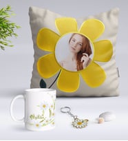 BK Gift Kişiye Özel Fotoğraflı Papatya Yastık Kupa ve Gold Papatya Anahtarlık-1 (Model 1)