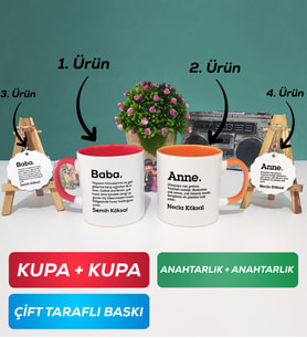 İkili Kırmızı Turuncu Kişiye Özel Baba ve Anne Kupa Bardak Anahtarlık Hediye Seti
