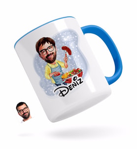 BK Gift Kişiye Özel Erkek Mangalcı Karikatürlü Mavi Kupa Bardak-1