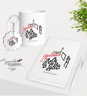 BK Gift Kişiye Özel Sınıf Öğretmeni Kupa Anahtarlık Beyaz Defter Kalem Hediye Seti-2 (Model 1)