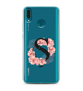 Pembe Çiçekli Harf Tasarım Süper Şeffaf Silikon Telefon Kılıfı Huawei Y9 (2019) 