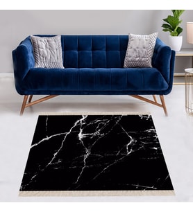 Mermer Desenli Dijital Baskı Yıkanabilir Kaymaz Taban Modern Salon Halısı ve Yolluk (Siyah)