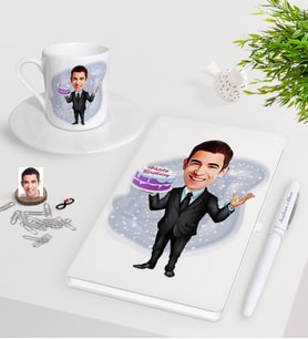 BK Gift Kişiye Özel Erkek Doğum Günü Karikatürlü Beyaz Defter Kalem Türk Kahvesi Fincanı Seti-2 (Model 1)
