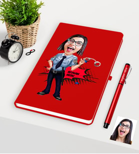 BK Gift Kişiye Özel Bayan Polis Karikatürlü Kırmızı Defter Kalem Seti