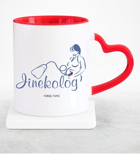 BK Gift Kişiye Özel Mesleki Jinekolog Kırmızı Kalpli Kupa Bardak  1