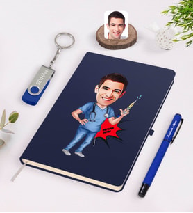 BK Gift Kişiye Özel Erkek Hemşir Karikatürlü Lacivert Defter Kalem 32gb USB Bellek Hediye Seti-1 (Model 1)