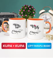 İkili Çiftlere Özel Mr Mrs Sevgiliye Hediye Kupa Bardak Turuncu