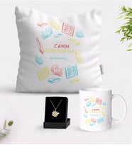 BK Gift Kişiye Özel Canım Öğretmenim Beyaz Kupa Yastık ve İsimli Papatya Kolye Hediye Seti-3 (Model 1)