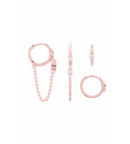İKİLİ ZİNCİRLİ TAŞLI KOMBİN 925 AYAR GÜMÜŞ ROSE HALKA KÜPE