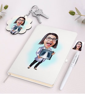 BK Gift Kişiye Özel Kadın Radyoloji Uzmanı Karikatürlü Beyaz Defter Kalem ve Anahtarlık Hediye Seti (Model 1)