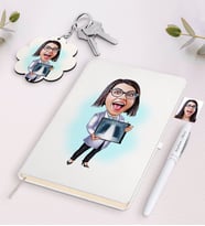 BK Gift Kişiye Özel Kadın Radyoloji Uzmanı Karikatürlü Beyaz Defter Kalem ve Anahtarlık Hediye Seti (Model 1)