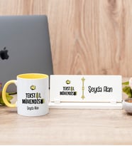 Tekstil Mühendisi Sarı Kupa Bardak Ve Masa İsimliği Hediye Seti