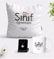 BK Gift Kişiye Özel Sınıf Öğretmeni Beyaz Kupa Yastık ve İsimli Papatya Kolye Hediye Seti-17 (Model 1)