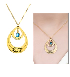 Kişiye Özel İsim Yazılı Gold Renk 925 Ayar Gümüş Bayan Üç Damla Kolye (Çok Renkli)