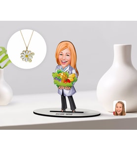 BK Gift Kişiye Özel Kadın Diyetisyen Karikatürlü 3D Ahşap Biblo ve İsimli Tarihli Papatya Kolye Seti-1 (Model 1)