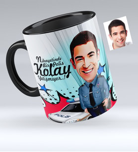 BK Gift Kişiye Özel Bay Polis Karikatürlü Siyah Kupa Bardak  6