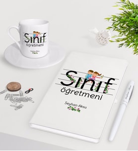 BK Gift Kişiye Özel Sınıf Öğretmeni Beyaz Defter Kalem Türk Kahvesi Fincanı Seti-17 (Model 1)