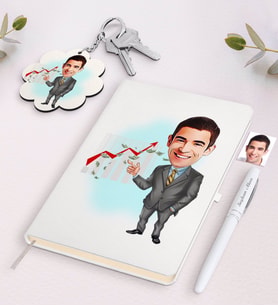 BK Gift Kişiye Özel Erkek Patron Karikatürlü Beyaz Defter Kalem ve Anahtarlık Hediye Seti-4 (Model 1)