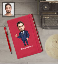 Kişiye Özel Öğretmen Karikatürlü  Kırmızı Defter Kalem Hediye Seti Bay-11