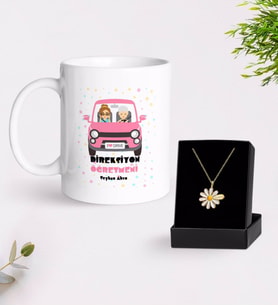 BK Gift Kişiye Özel Direksiyon Öğretmeni Beyaz Kupa ve Papatya Kolye Hediye Seti (Model 1)
