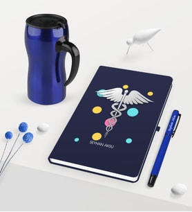 BK Gift Kişiye Özel Tıp Sembolü Temalı Lacivert Defter Kalem ve Termos Mug Seti (Model 1)