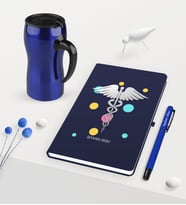 BK Gift Kişiye Özel Tıp Sembolü Temalı Lacivert Defter Kalem ve Termos Mug Seti (Model 1)