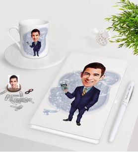 BK Gift Kişiye Özel Erkek Muhasebeci Karikatürlü Beyaz Defter Kalem Türk Kahvesi Fincanı Seti-1 (Model 1)