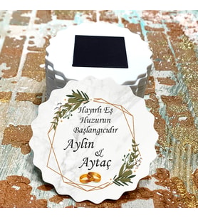 Magnet Hediyelik - Yeşil Çiçek Yüzüklü Tasarım Düğün, Nişan, Nikah, Kına, Söz Hatırası Magnet