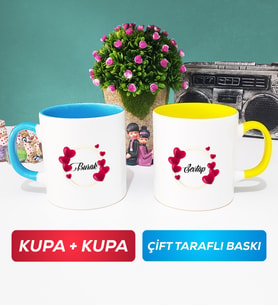 İkili İsme Özel Sevgililer Günü Hediyesi Kupa Bardak Mavi Sarı