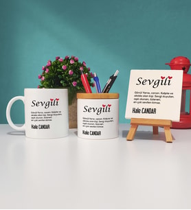 Sevgililer Günü Hediyesi Sevgili Tasarımlı Kişiye Özel Sevgililer Günü Hediyesi Kupa Bardak Kalemlik ve Dekoratif Taş Baskı Hediye Seti