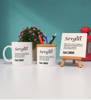 Sevgililer Günü Hediyesi Sevgili Tasarımlı Kişiye Özel Sevgililer Günü Hediyesi Kupa Bardak Kalemlik ve Dekoratif Taş Baskı Hediye Seti