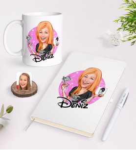 BK Gift Kişiye Özel Kadın Dövme Sanatçısı Karikatürlü Beyaz Defter Kalem ve Kupa Seti-1 (Model 1)