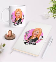BK Gift Kişiye Özel Kadın Dövme Sanatçısı Karikatürlü Beyaz Defter Kalem ve Kupa Seti-1 (Model 1)