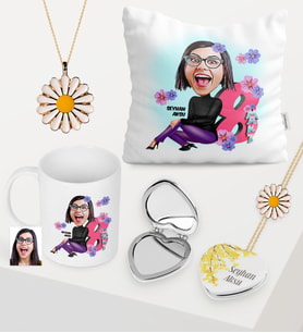 Kadınlara Özel Karikatürlü Kupa Çiçekli Ayna Yastık Papatya Takı Seti - 2 (Model 1)