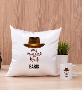 Awesome Dad Babaya Hediye Kare Yastık ve Beyaz Kupa Bardak