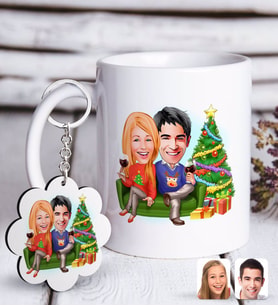 BK Gift Kişiye Özel Yeni Yıl Sevgililer Karikatürlü Beyaz Kupa ve Anahtarlık Hediye Seti-4 (Model 1)